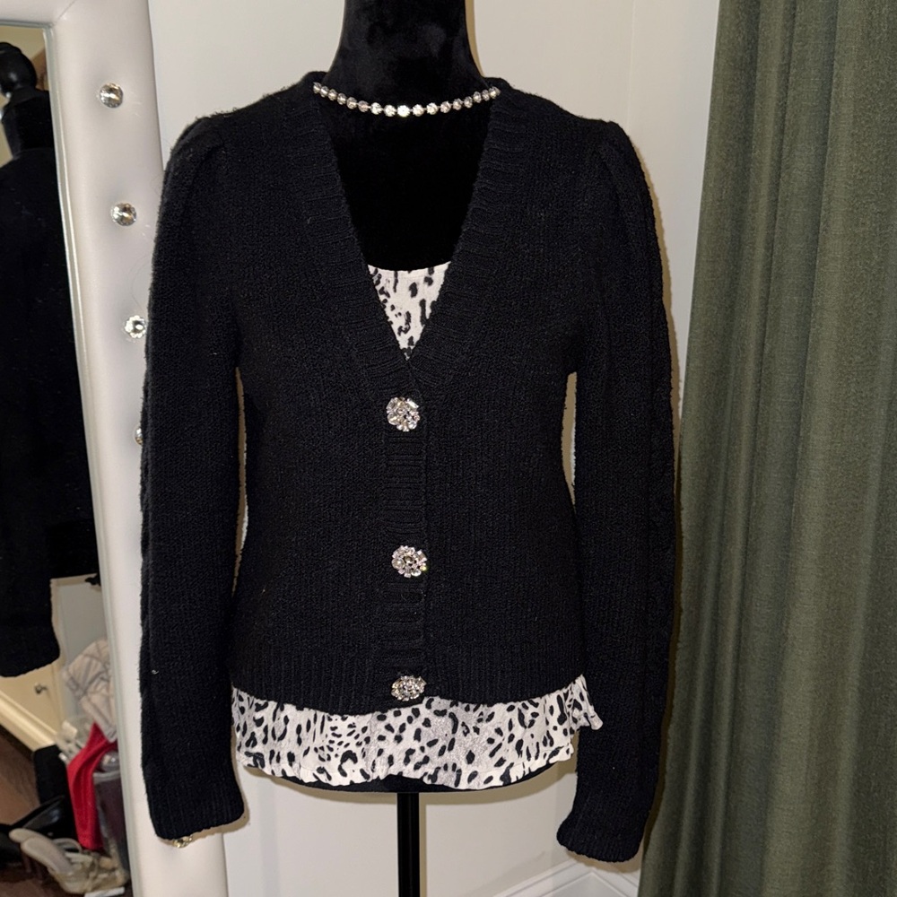 Fun Black sweater with Rhinestone Buttons. Fall jeans to holiday. Cece small